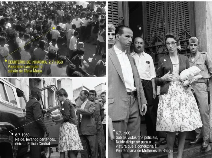 Na imagem principal, Neide Maia Lopes saindo da sede da Polícia Civil do Rio de Janeiro, segurando seus pertences, a caminho do presídio