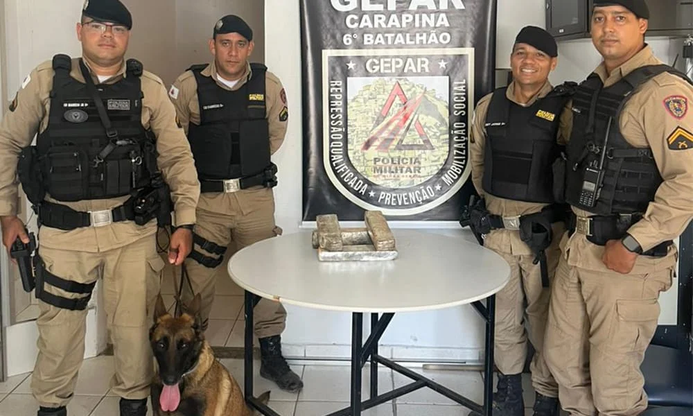 Os policiais e a cadela Perla, da Rocca, que farejou o terreno e descobriu a droga - Foto Polícia Militar