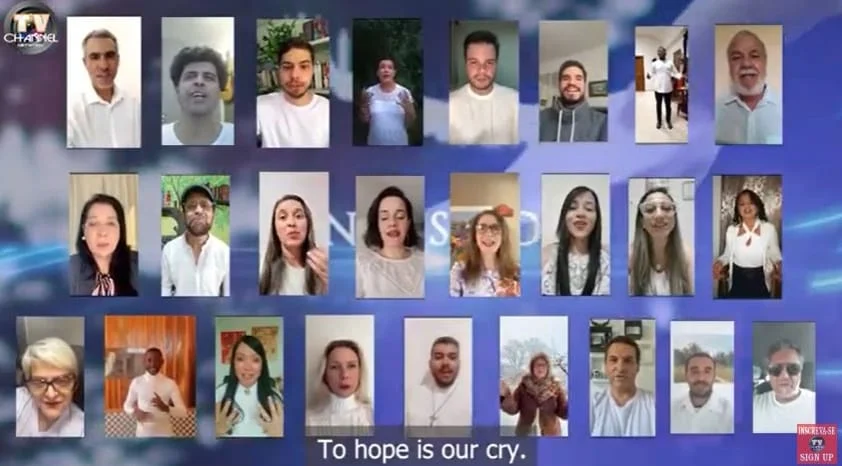 Os participantes na tela do Youtube. O ponto central do projeto foi a recitação do poema "Esperançar é um Grito Nosso", de autoria