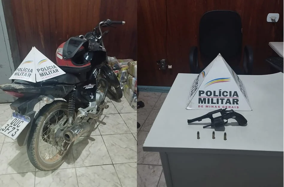 Polícia Militar frusta ação de infratores na cidade de Virginópolis 1 A motocicleta abandonada pelos homens foi apreendida pelos militares, junto com o revólver