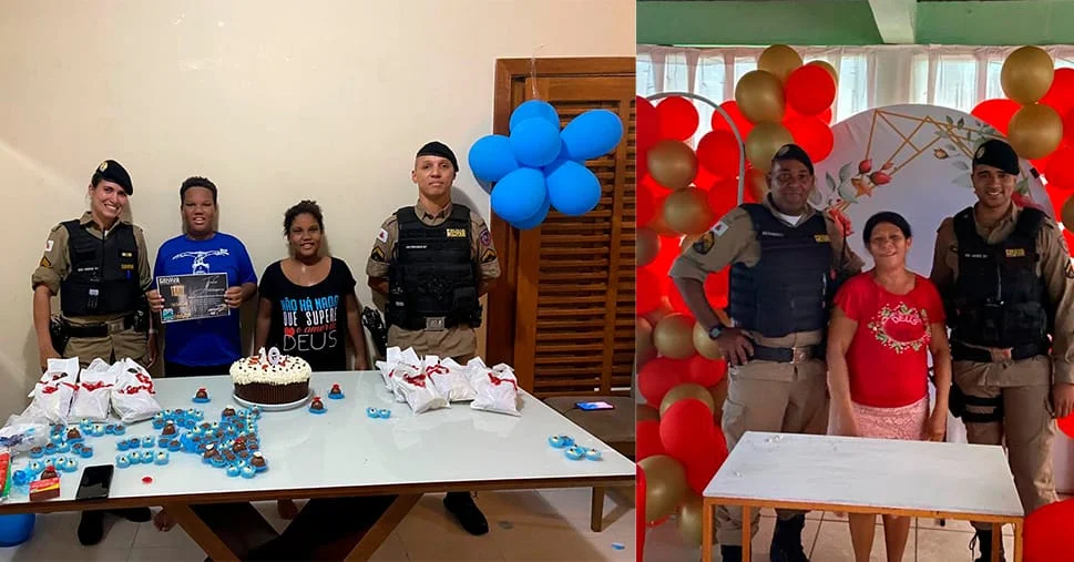 Polícia Militar faz a alegria de aniversariantes no fim de semana 1 Os aniversariantes, Sérgio Calebe e Dona Dalva, felizes com a presença dos policiais militares em suas casas