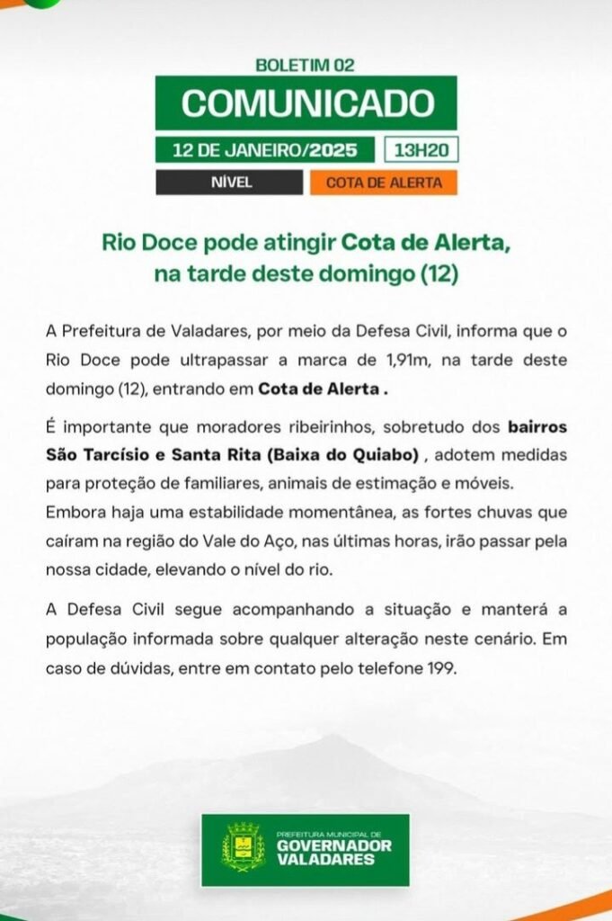 Boletim 02 12/01/2025- Rio Doce pode atingir cota de alerta na tarde deste domingo (12) 1 1736700003087487596303537077570