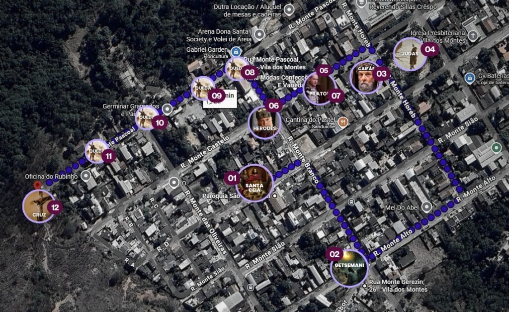 o trajeto da encenação com pontos destacados no Google Maps